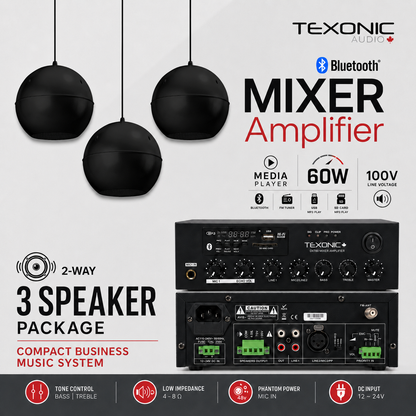 TEXONIC Bluetooth Mixer Amplifier 3 speaker package, featuring a black 60W audio amplifier with front and rear panel views, three black hanging dome speakers, and feature icons on a light gray background.