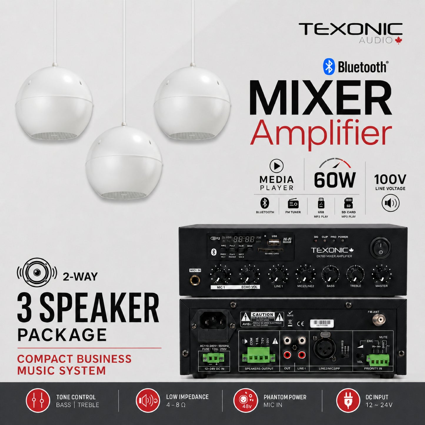 TEXONIC DXT60 Commercial Sound System with 3 PZ50 Pendant Speakers