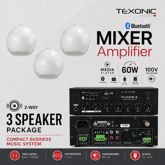 TEXONIC DXT60 Commercial Sound System with 3 x PZ50 Pendant Speakers