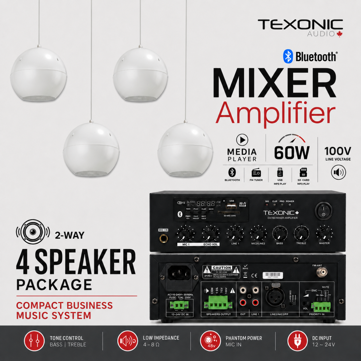 TEXONIC DXT60 Commercial Sound System with 4 PZ50 Pendant Speakers