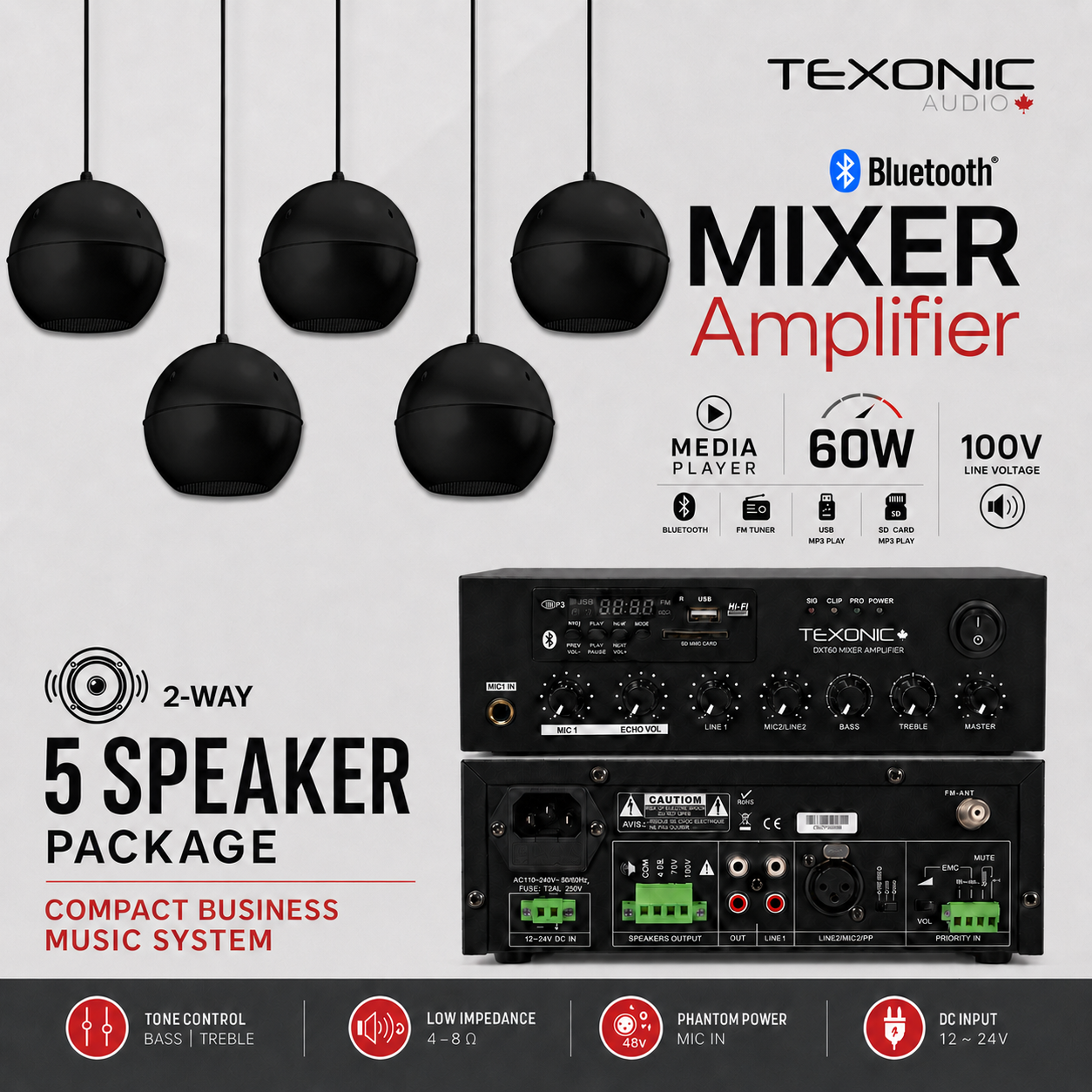 TEXONIC DXT60 Commercial Sound System with 5 PZ50 Pendant Speakers