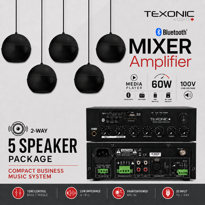 TEXONIC DXT60 Commercial Sound System with 5 PZ50 Pendant Speakers