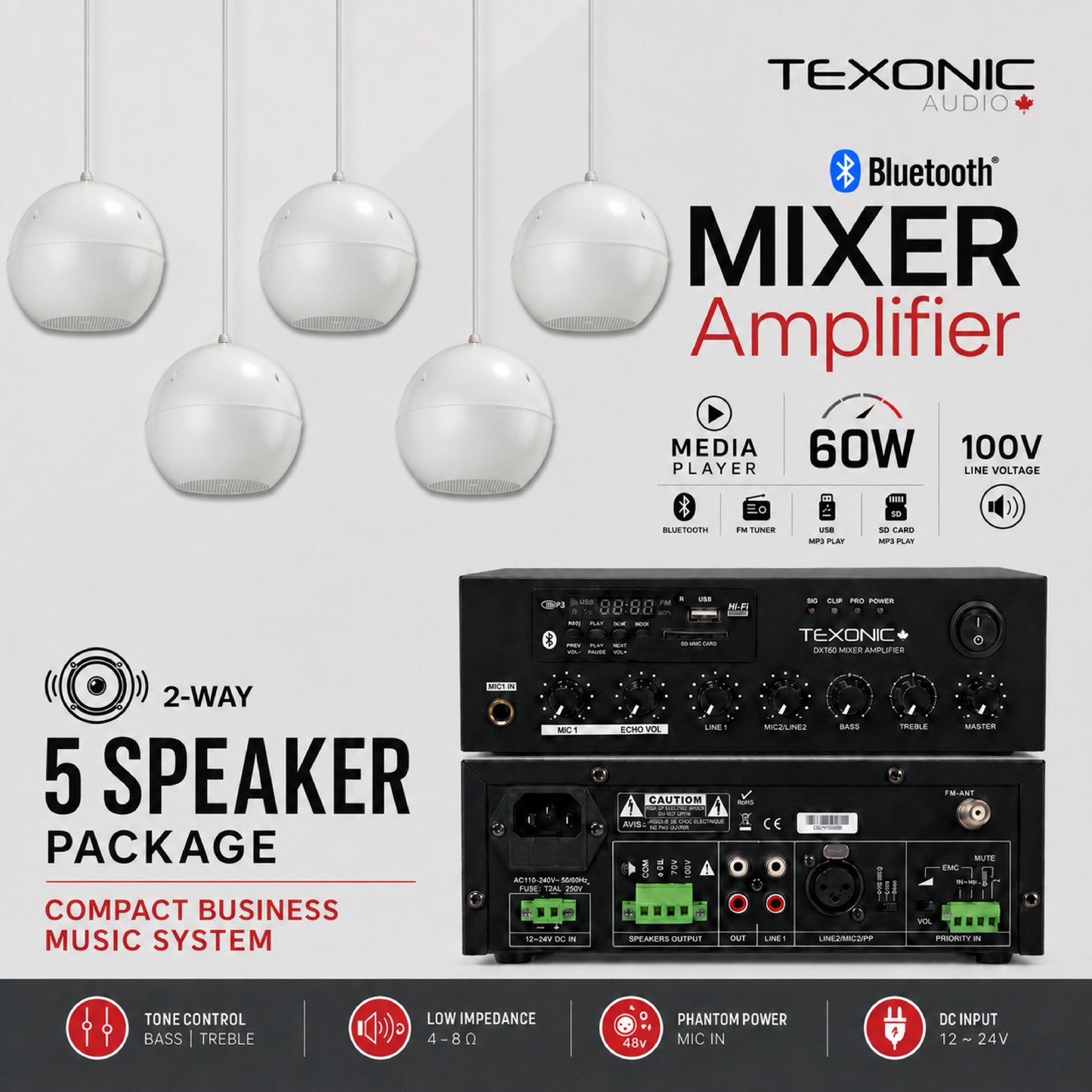 TEXONIC DXT60 Commercial Sound System with 5 PZ50 Pendant Speakers