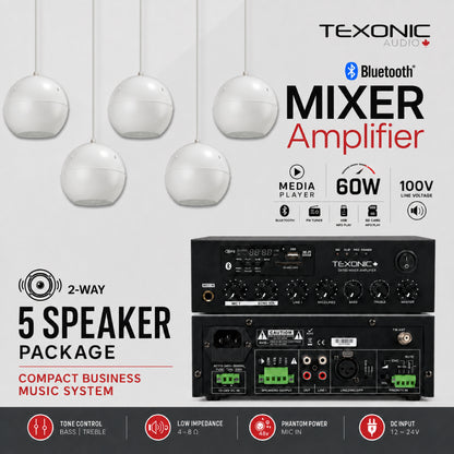 TEXONIC DXT60 Commercial Sound System with 5 PZ50 Pendant Speakers