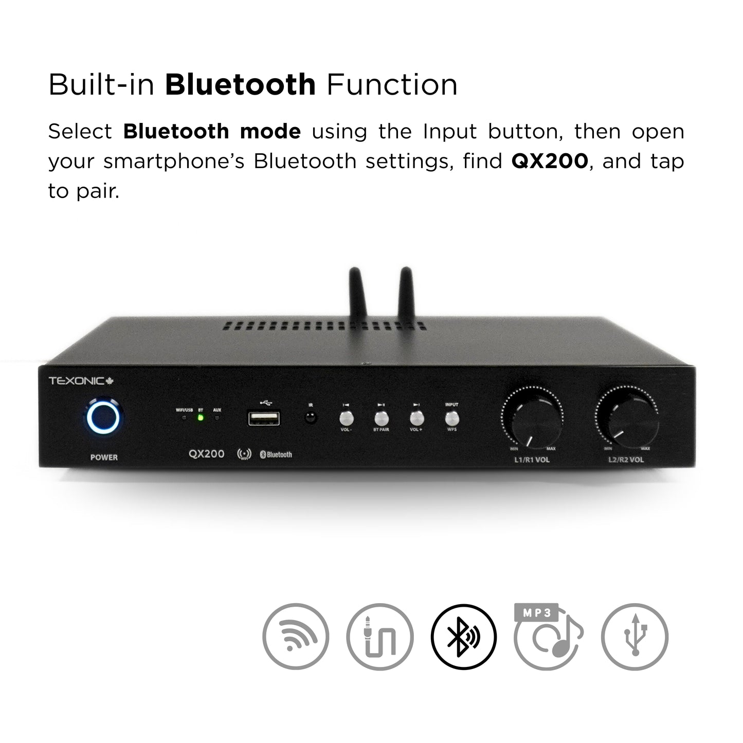 QX200 Dual Zone Network Streaming Amplifier – 4 Channel Wi-Fi & Bluetooth Multi-Room Audio Amplifier 4×60W