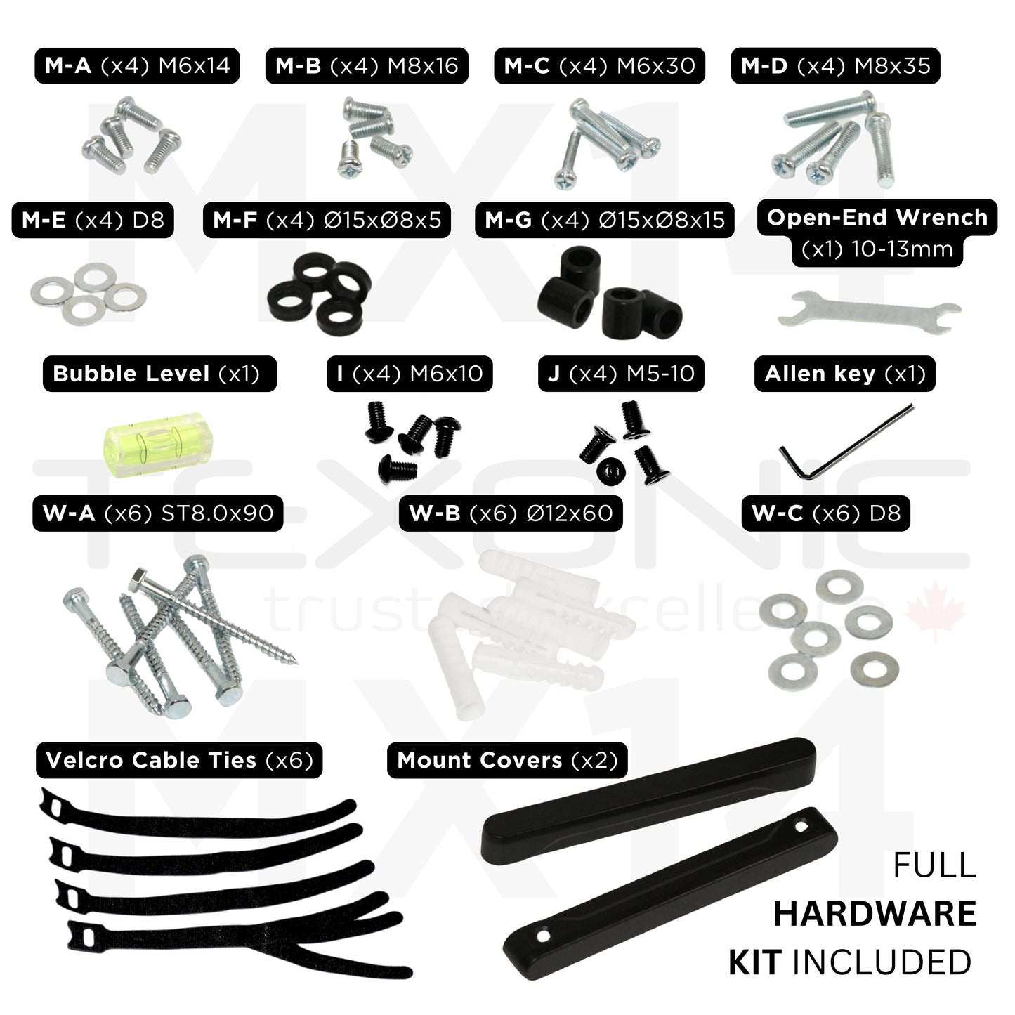 Collection of hardware components including screws, bolts, washers, and tools for MX14 mount