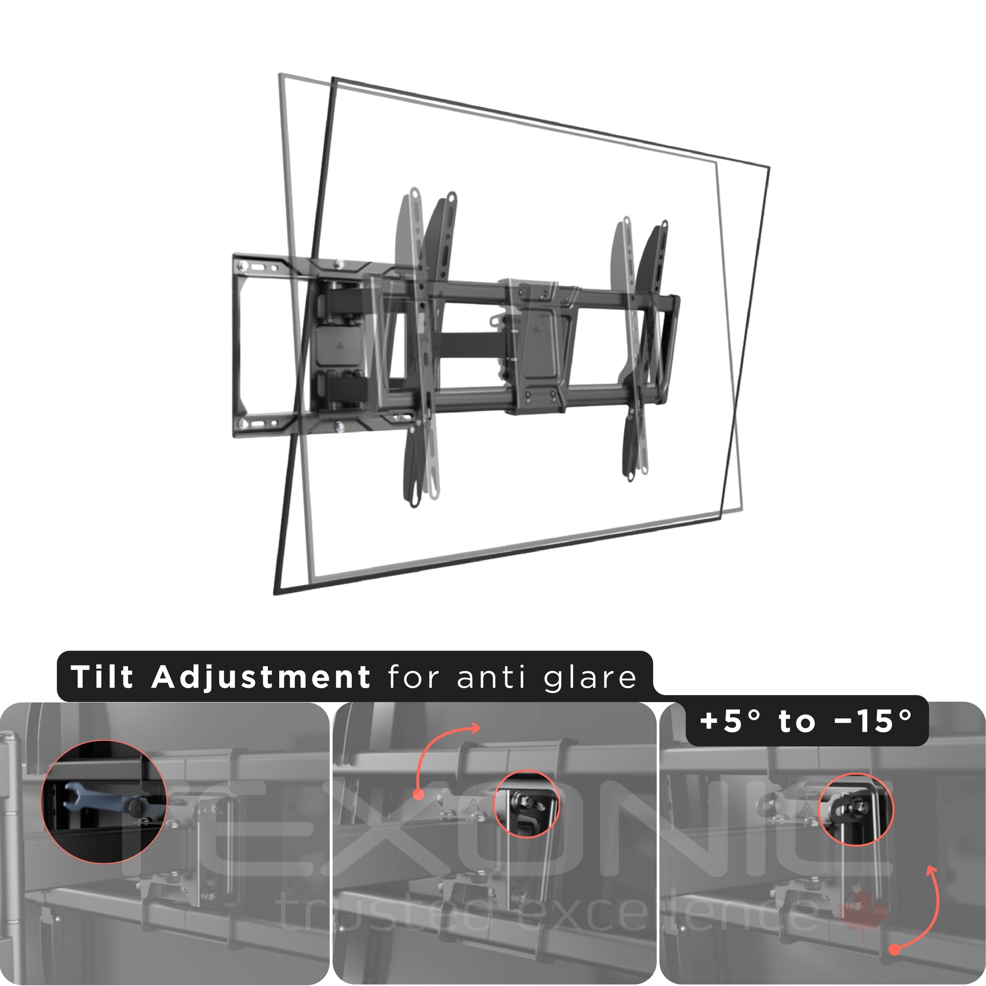 TV wall mount with tilt adjustment feature for anti-glare on a white background