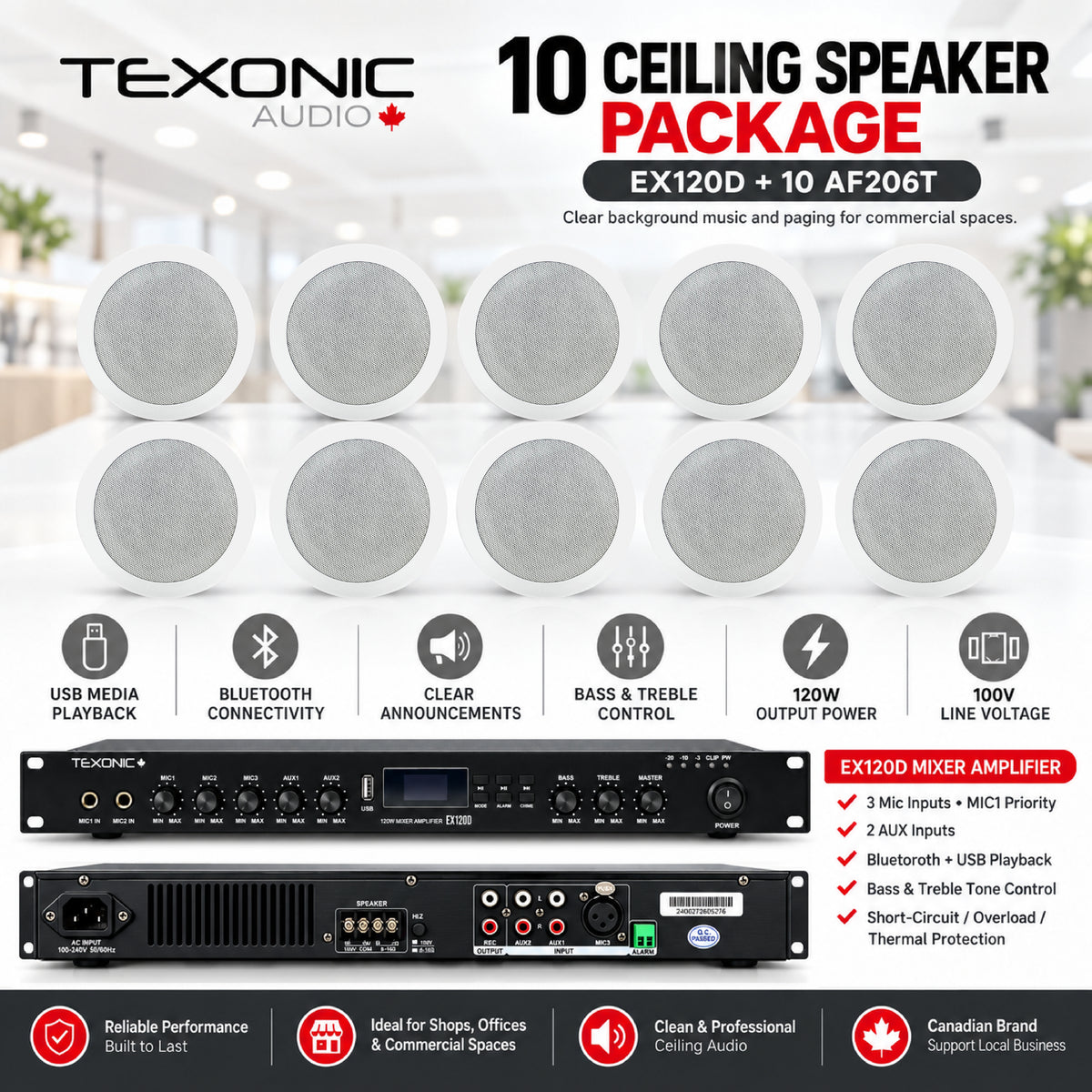 TEXONIC EX120D commercial sound system with 10 AF206T ceiling speakers