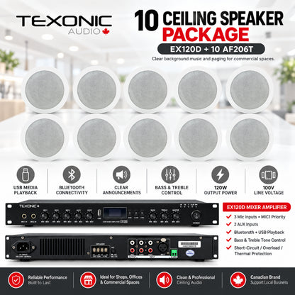TEXONIC EX120D commercial sound system with 10 AF206T ceiling speakers