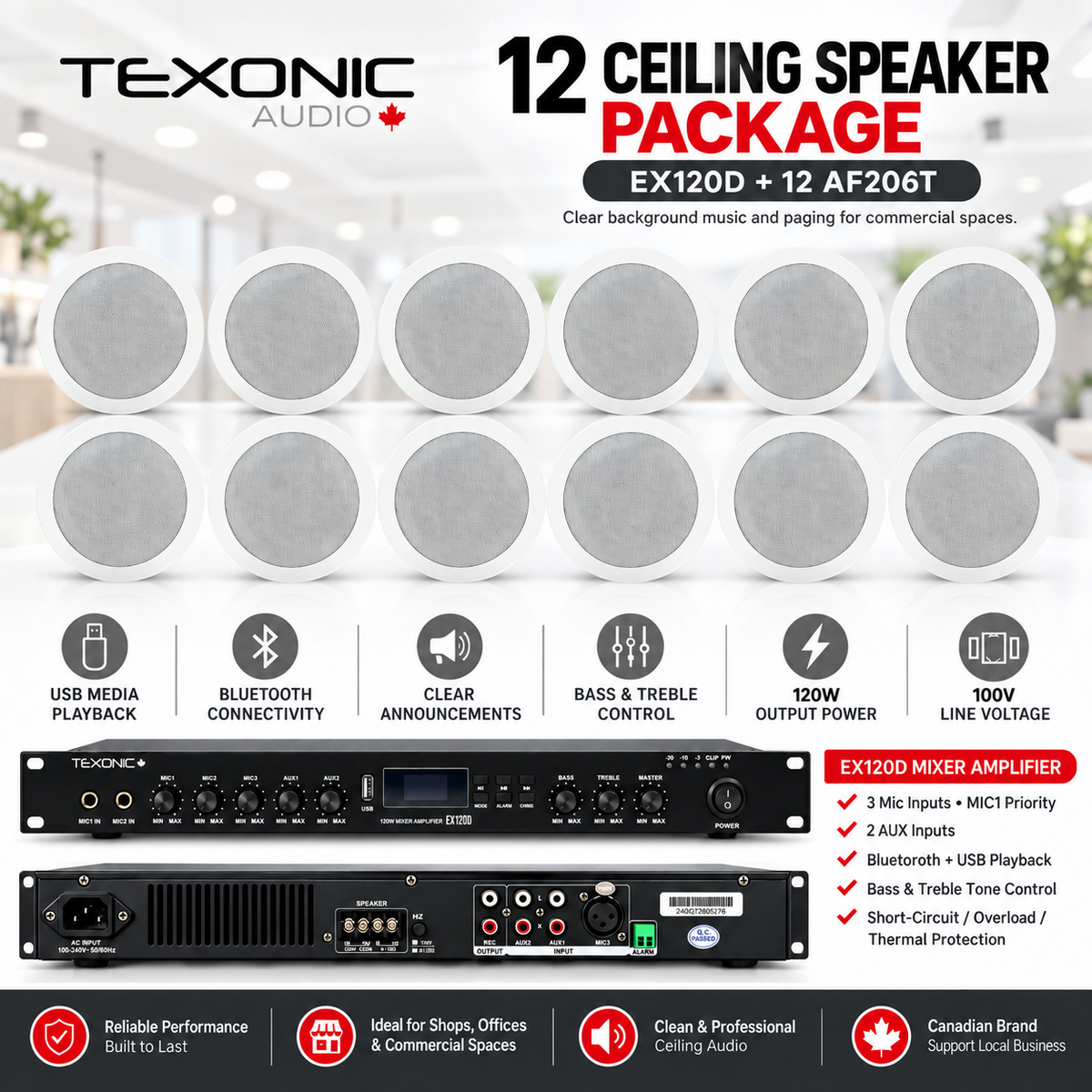 TEXONIC EX120D commercial sound system with 12 AF206T ceiling speakers