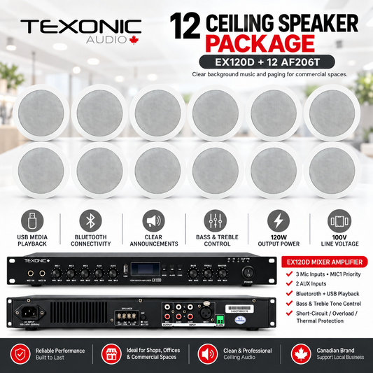 TEXONIC EX120D commercial sound system with 12 AF206T ceiling speakers
