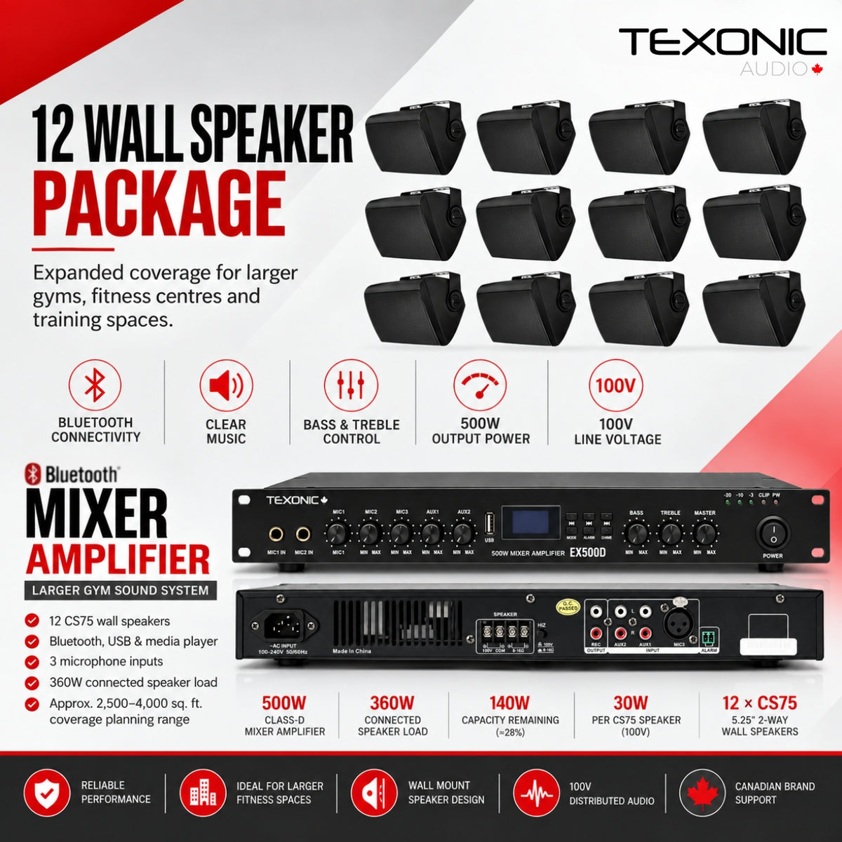 Système audio gym TEXONIC EX500D avec 12 haut-parleurs muraux CS75