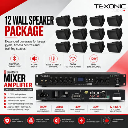 Système audio gym TEXONIC EX500D avec 12 haut-parleurs muraux CS75