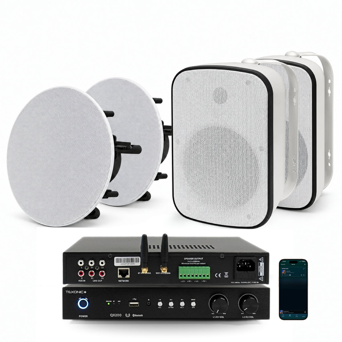TEXONIC QX200 2-zone Wi-Fi home and patio audio system with CM610 and white CST86 speakers