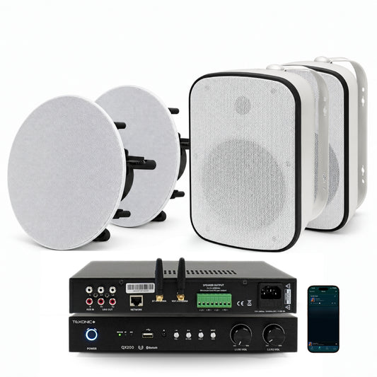 TEXONIC QX200 2-zone Wi-Fi home and patio audio system with CM610 and white CST86 speakers