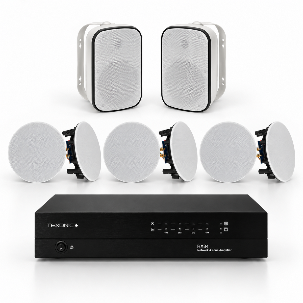 TEXONIC RX84 4-zone whole-home and patio audio system with 6 CM610 and 2 CST86 speakers