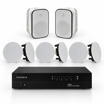 TEXONIC RX84 4-zone whole-home and patio audio system with 6 CM610 and 2 CST86 speakers