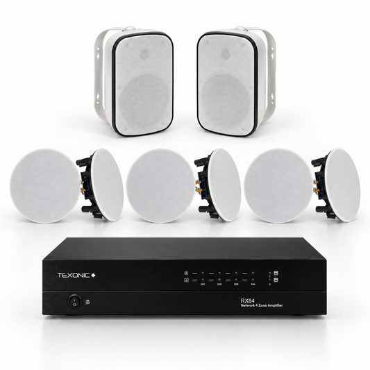 TEXONIC RX84 4-zone whole-home and patio audio system with 6 CM610 and 2 CST86 speakers