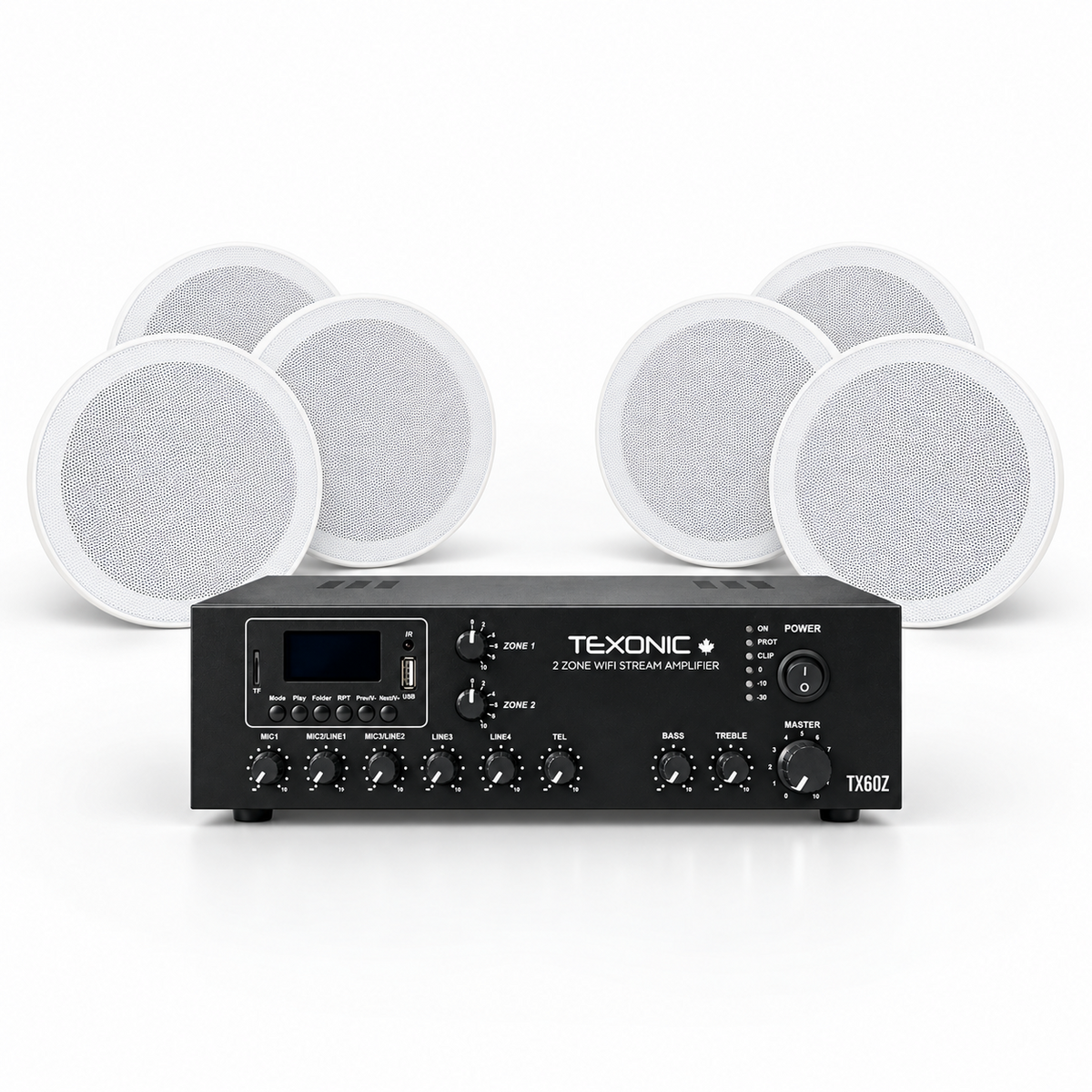 TEXONIC TX60Z 2-zone Wi-Fi commercial audio system with 6 AF106T ceiling speakers