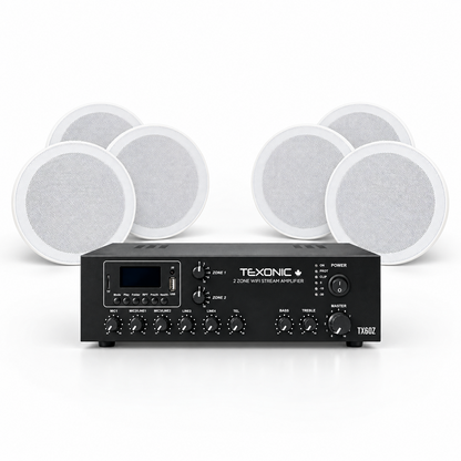 TEXONIC TX60Z 2-zone Wi-Fi commercial audio system with 6 AF106T ceiling speakers