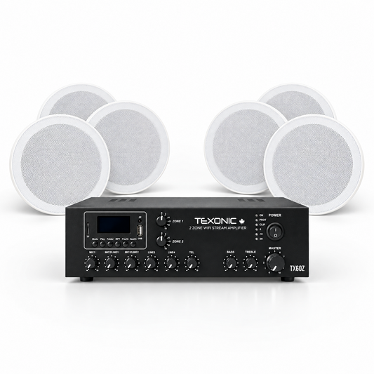 TEXONIC TX60Z 2-zone Wi-Fi commercial audio system with 6 AF106T ceiling speakers