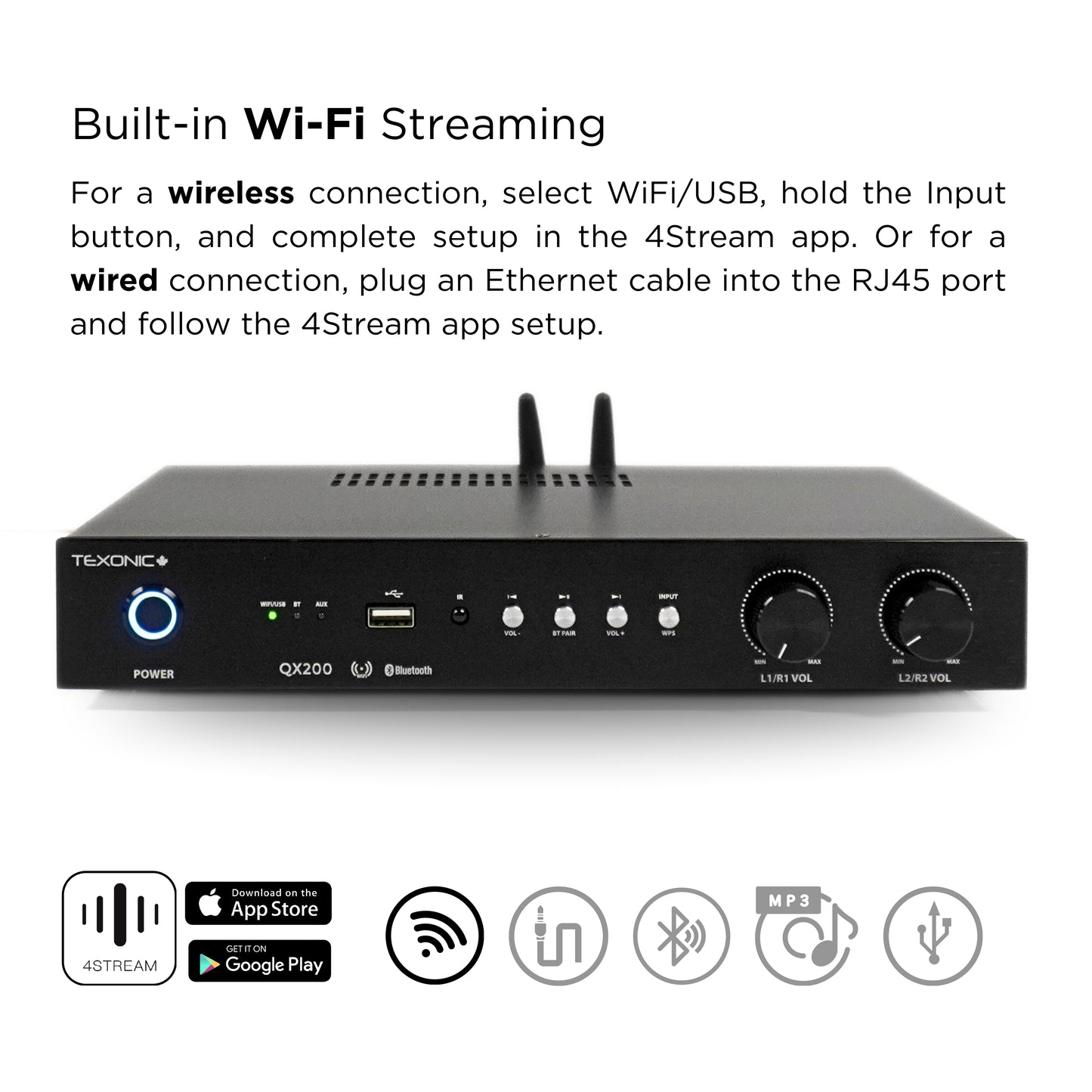 QX200 Dual Zone Network Streaming Amplifier – 4 Channel Wi-Fi & Bluetooth Multi-Room Audio Amplifier 4×60W